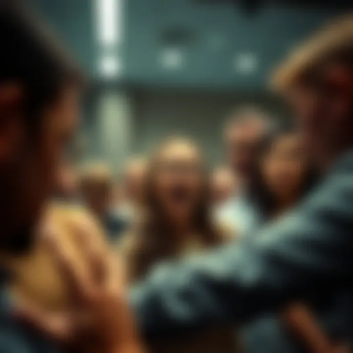 A group of people expressing frustration during a town hall meeting, illustrating the disconnect in communication.