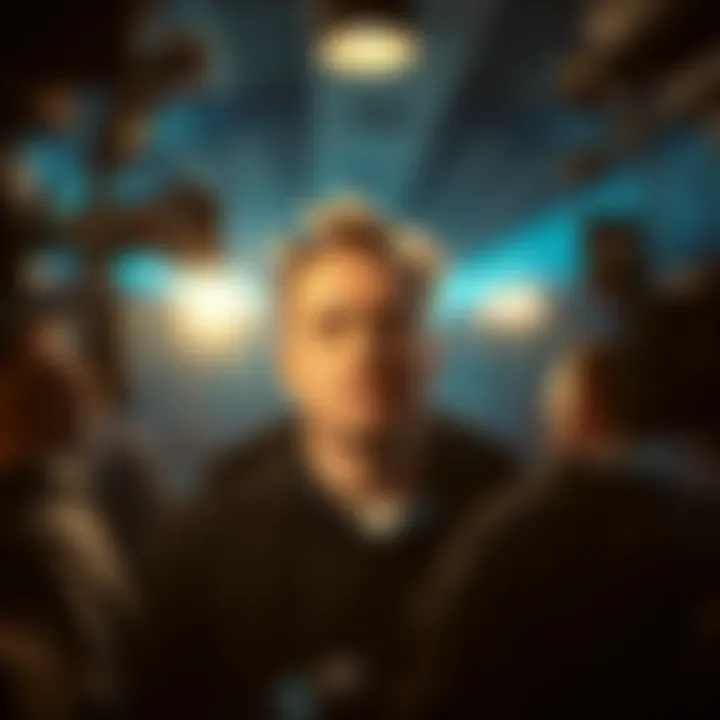 A public figure feeling exposed under flashing cameras and bright lights, showing vulnerability in front of the media.