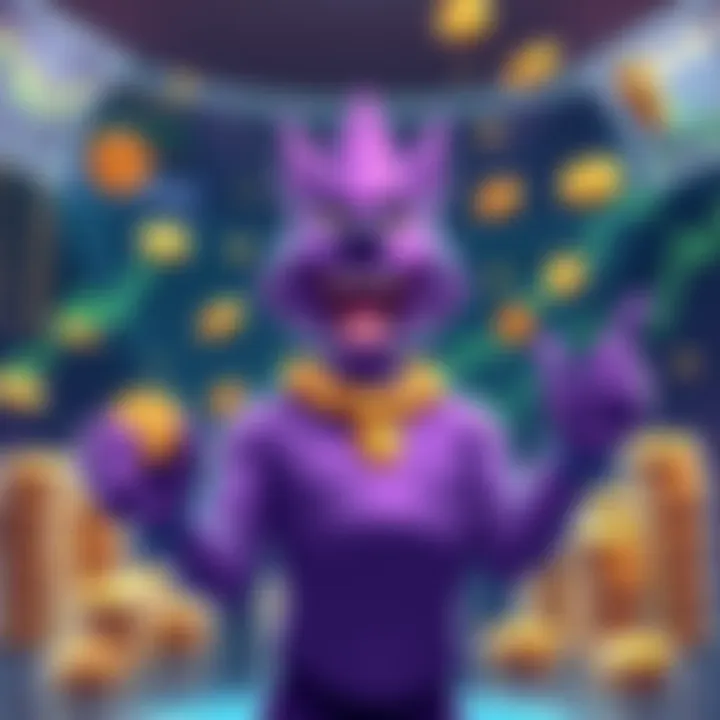 Purple Wojak character celebrating with coins and charts showing growth after being listed on SOLCEX