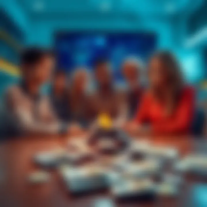 A group of people discussing around a table with money on it, looking concerned about a potential pyramid scheme.