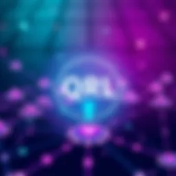 An illustration showing a digital blockchain network with smart contract icons, representing QRL's 2.0 testnet launch and Hyperion language.