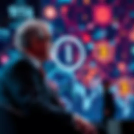 UBS Chairman discussing quantum threats to blockchain at Davos Forum with a background of digital currency graphics