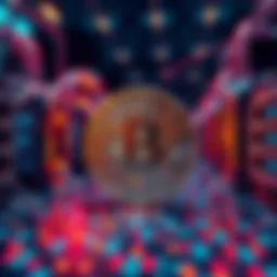 A digital representation of Bitcoin surrounded by quantum computers, symbolizing the risk of quantum computing to cryptocurrency security.