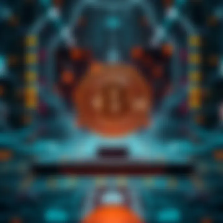 A quantum computer with a Bitcoin icon floating above it, representing the potential impact on cryptocurrency security.