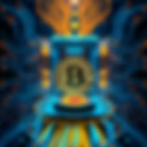 A quantum computer with glowing circuits hovering over a Bitcoin symbol, representing the threat to Bitcoin's security from quantum technology.