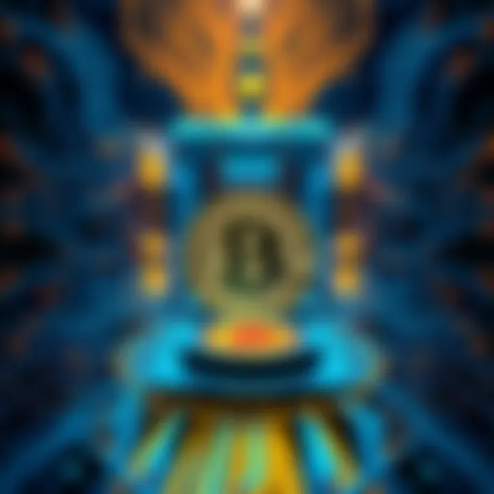 A quantum computer with glowing circuits hovering over a Bitcoin symbol, representing the threat to Bitcoin's security from quantum technology.