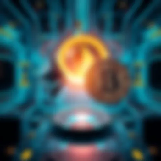 Visualization of quantum computing technology threatening cryptocurrency symbols for Ethereum and Bitcoin in a futuristic setting