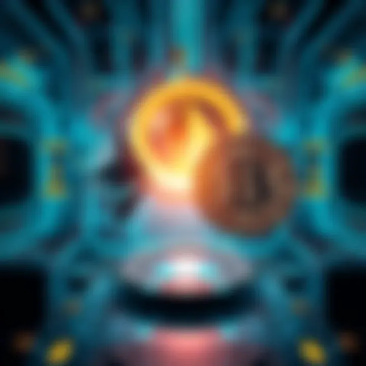 Visualization of quantum computing technology threatening cryptocurrency symbols for Ethereum and Bitcoin in a futuristic setting