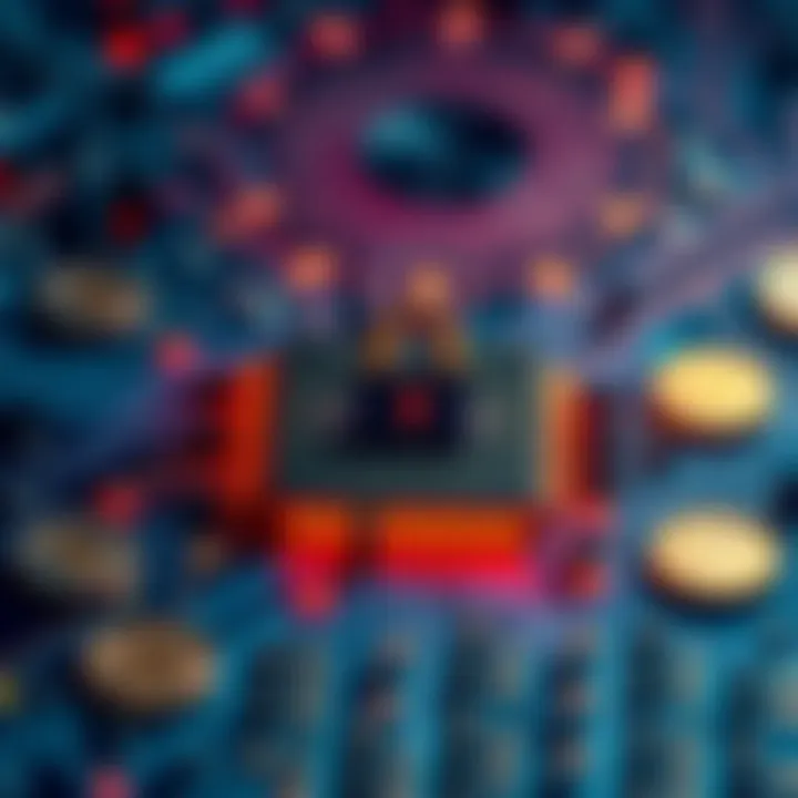 A visual representation of a computer chip with a lock symbol, illustrating quantum computing's role in securing cryptocurrency, surrounded by digital currency icons.