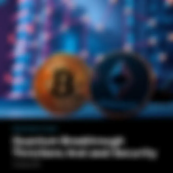 A digital representation of quantum research affecting cryptocurrency security, showing Bitcoin and Ethereum symbols with a quantum computer in the background.