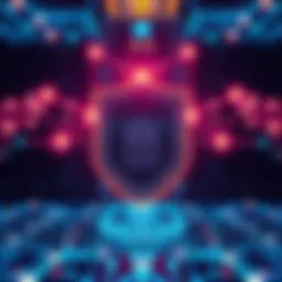 A digital representation of a secure blockchain network with a shield symbolizing quantum safety