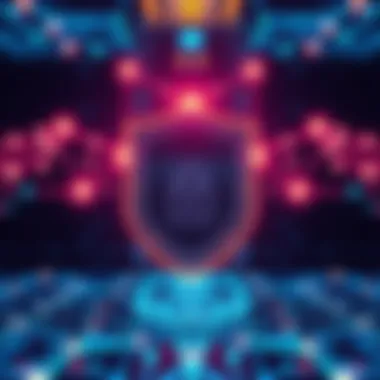 A digital representation of a secure blockchain network with a shield symbolizing quantum safety