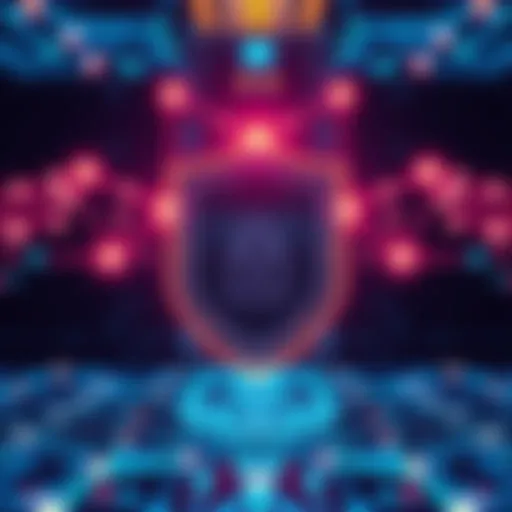 A digital representation of a secure blockchain network with a shield symbolizing quantum safety