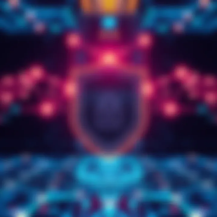 A digital representation of a secure blockchain network with a shield symbolizing quantum safety