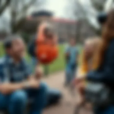 Group of people acting oddly in a park, showing different quirky behaviors.