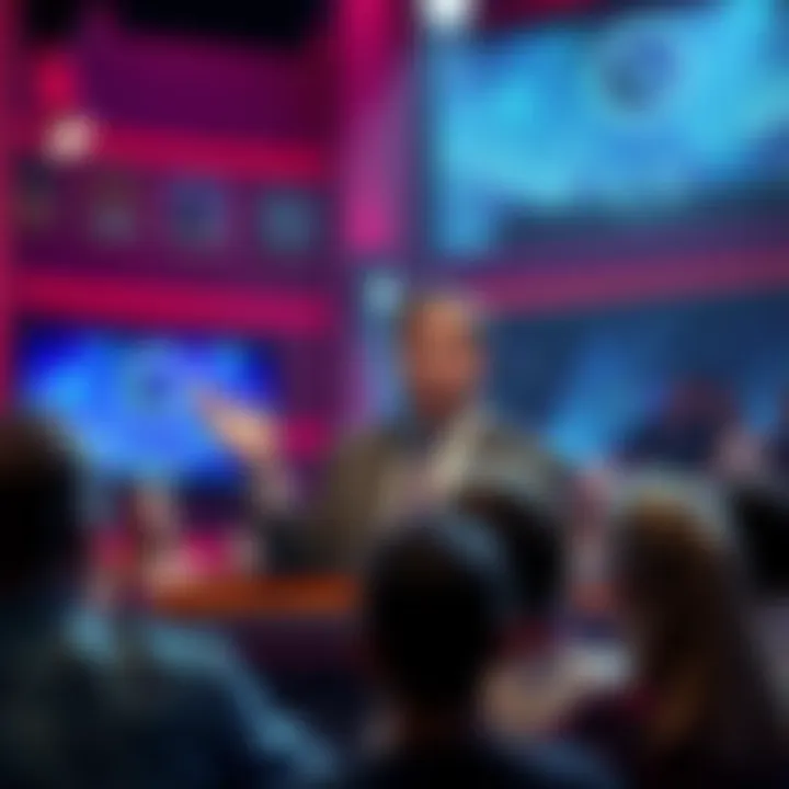 A quiz show host with a confused expression explaining inflation concepts on stage, with audience members looking surprised.