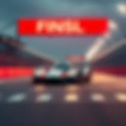 A race car slows down as it approaches the finish line after leading the race but losing at the last moment.