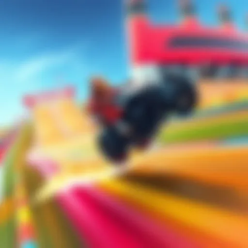 A racer executing exciting tricks on a colorful track, showcasing speed and skill during a competition.