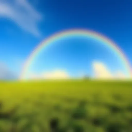 A vibrant rainbow arches over a green field with a clear blue sky, symbolizing the wonder of nature.