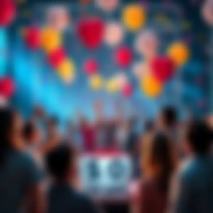 People celebrating Raiz's ten-year anniversary with balloons and confetti, highlighting a $10 gift announcement.