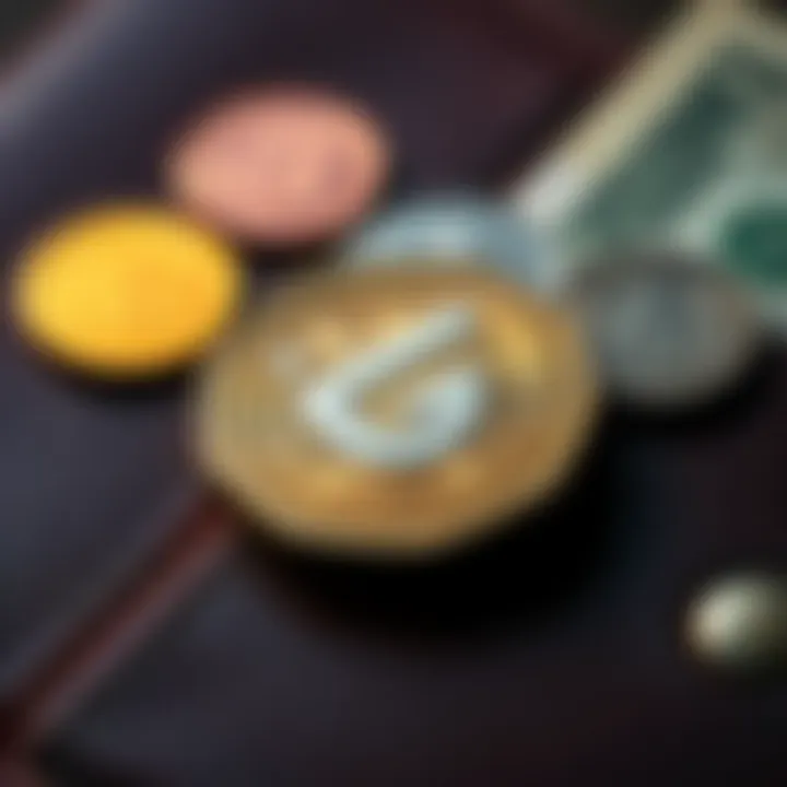 Rare Coin Found in Wallet A close-up view of a rare coin resting on a wallet with other coins and cash visible