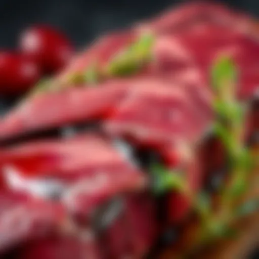 Close-up of raw steak showing dark blood near the surface