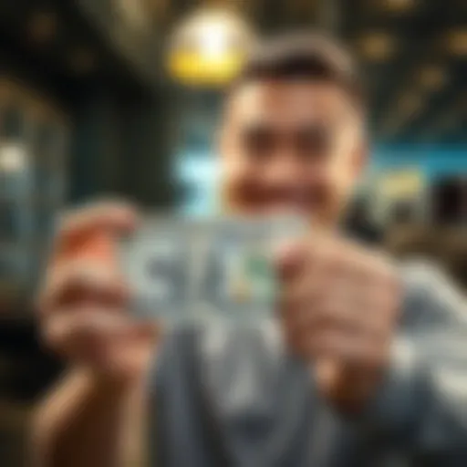 A person proudly holding a hundred dollar bill with a smile, showing success in financial goals