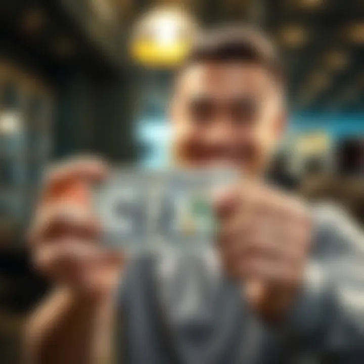 Reaching the Hundred Dollar Club A person proudly holding a hundred dollar bill with a smile, showing success in financial goals