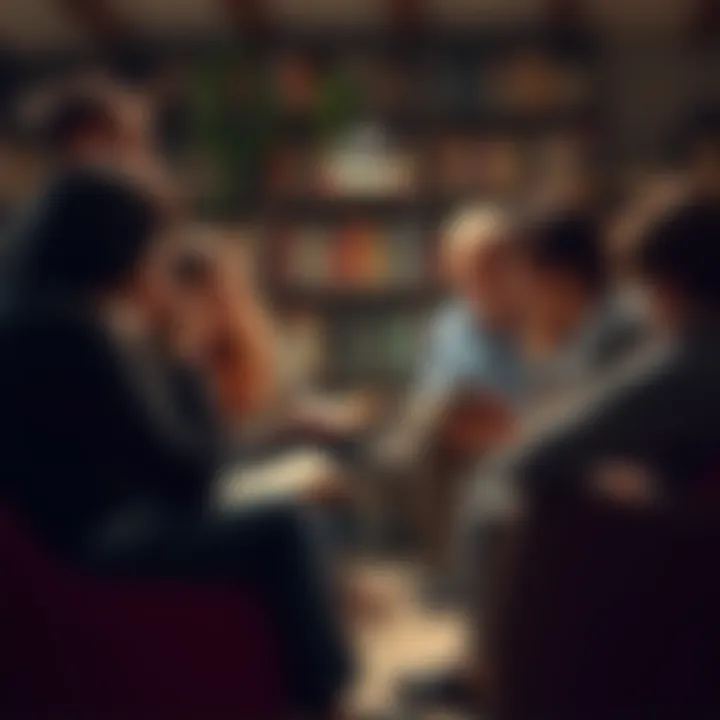 Group of people sharing opinions about recent novels in a cozy book club setting