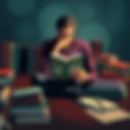 A person sitting with a book titled Endymion, thinking deeply, surrounded by books from the Hyperion series, with notes and a cup of coffee on the table.
