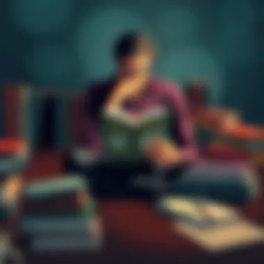 A person sitting with a book titled Endymion, thinking deeply, surrounded by books from the Hyperion series, with notes and a cup of coffee on the table.