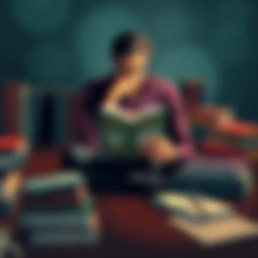 A person sitting with a book titled Endymion, thinking deeply, surrounded by books from the Hyperion series, with notes and a cup of coffee on the table.