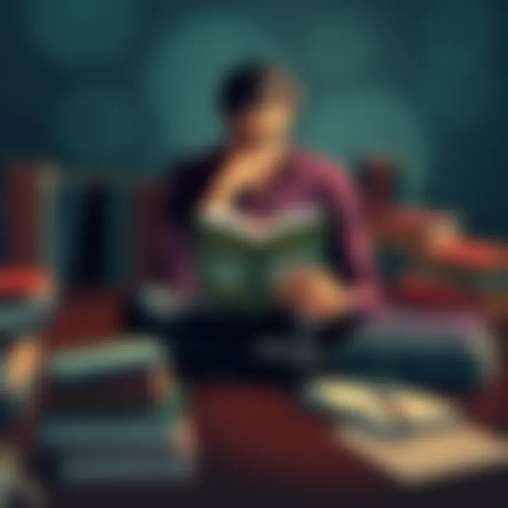 A person sitting with a book titled Endymion, thinking deeply, surrounded by books from the Hyperion series, with notes and a cup of coffee on the table.