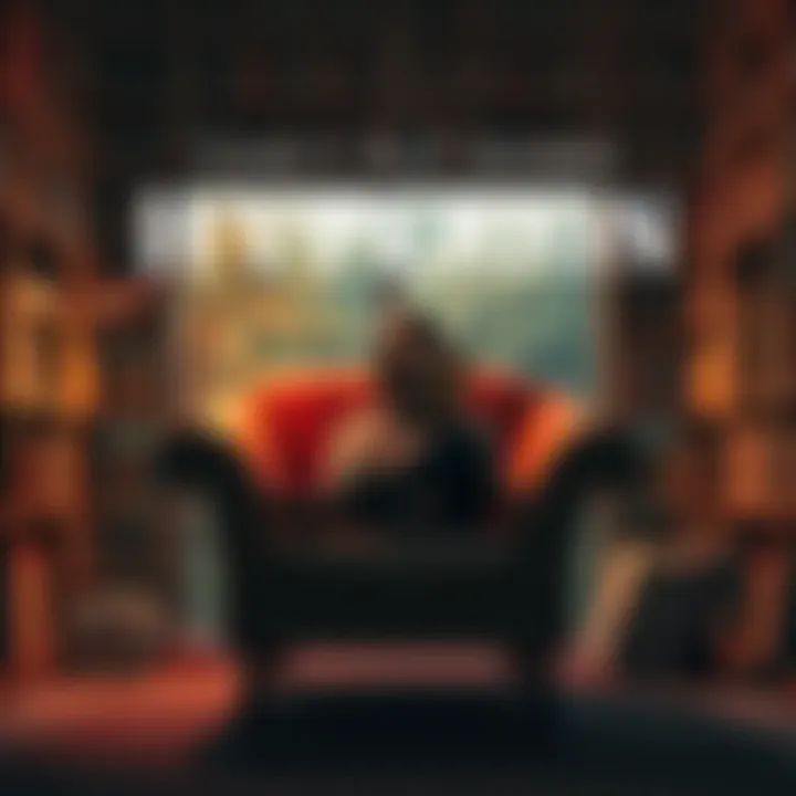 A person sits comfortably in a cozy chair, deeply engrossed in the book Hyperion, surrounded by bookshelves filled with novels.