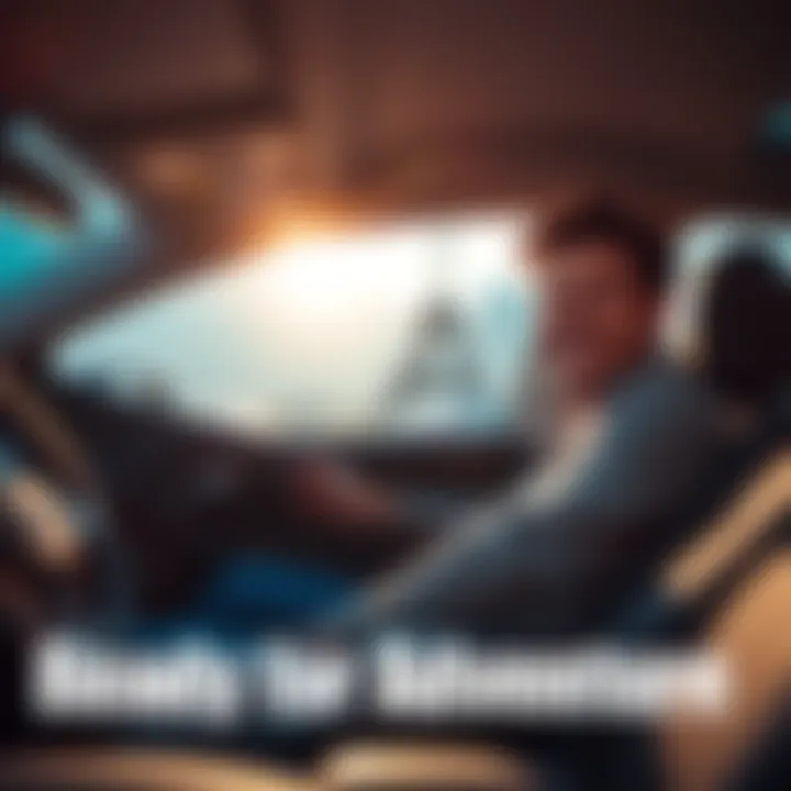 Ready for Adventure A person sitting in a car, smiling with excitement and ready to start a road trip, surrounded by scenic views.