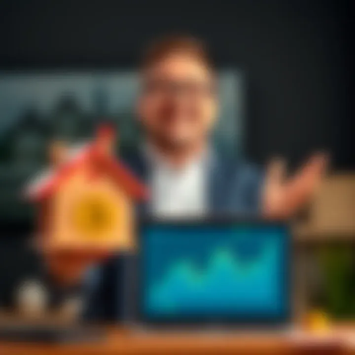 A real estate expert humorously critiques Bitcoin while holding a house model and a laptop showing Bitcoin charts.