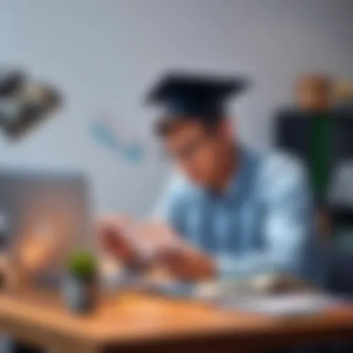 A young graduate sits at a desk with a laptop, looking at investment charts, while holding a paycheck and a notebook, symbolizing financial planning.