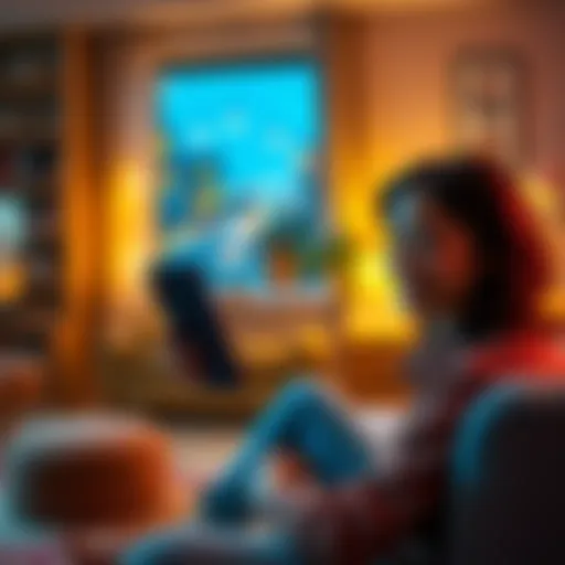 A person holding a phone, smiling while reaching out to friends on forums, surrounded by a cozy living room setting