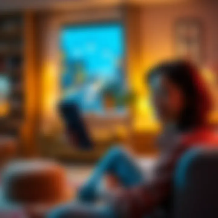 Reconnecting with Friends A person holding a phone, smiling while reaching out to friends on forums, surrounded by a cozy living room setting