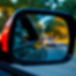 A close-up view of a side mirror reflecting a road and trees, illustrating how objects may appear different than they are.