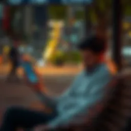 A person sitting on a bench looking sad while holding a smartphone displaying a financial graph with a downward trend, symbolizing loss after Pulsechain investment.