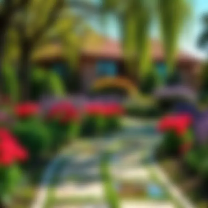 A winding path in Marvin Gardens with vibrant flowers and greenery, inviting exploration and self-reflection.