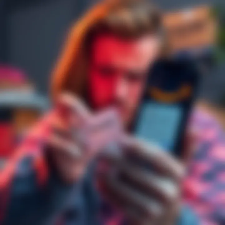 A frustrated person holding a smartphone, looking at refund notifications from Revolut for a returned iPhone 16, with Amazon packaging in the background.