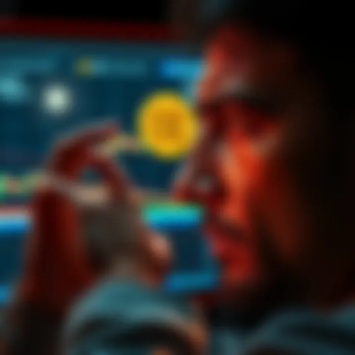 A person looks at a graph showing Bitcoin's rise, their face reflecting disappointment and regret, symbolizing missed investment opportunities.