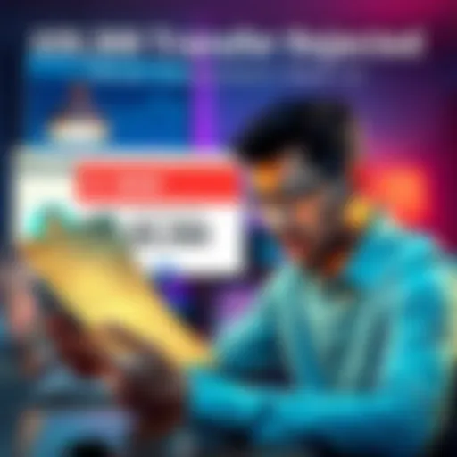 A frustrated person looking at their bank statement showing a rejected $9,300 transfer, with a laptop and phone in the background indicating a lack of support from customer service.