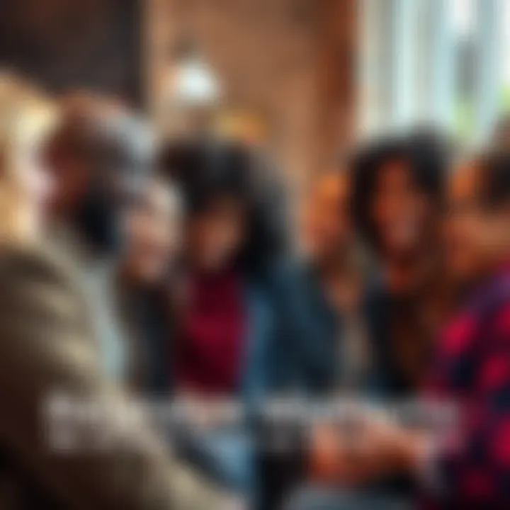 A group of diverse individuals smiling and chatting while sharing funny stories, creating a sense of community.