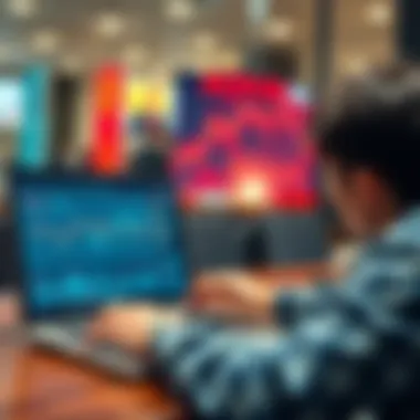 A person reading cryptocurrency news articles on a laptop with charts and graphs on the screen, showcasing important figures in the industry.