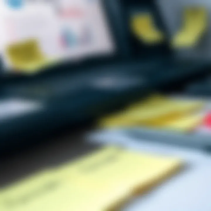 A close-up of a desk with sticky notes and a pen, highlighting reminders for commitments and follow-ups.