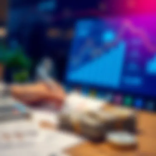 A person calculating savings for rent conversion into atlas bucks, with charts and money on the table.