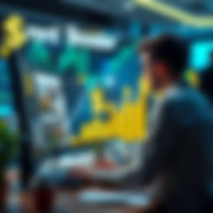 A person analyzing rental ads on a computer with dollar signs and graphs indicating increased earnings in the background.